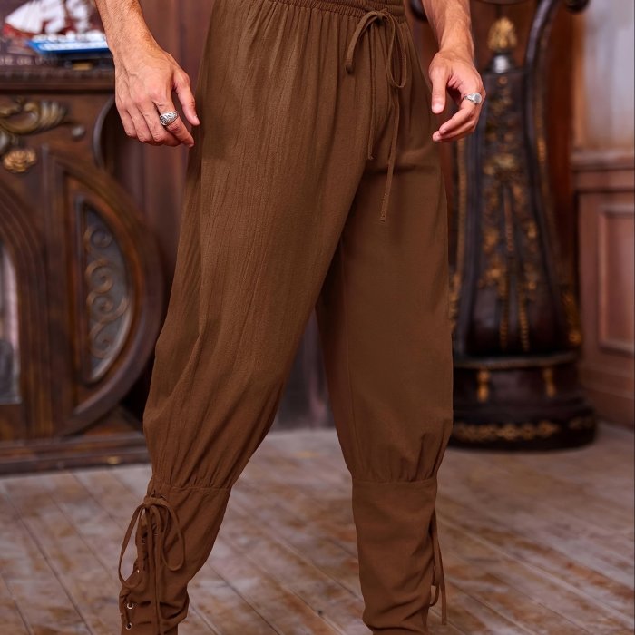 Renaissance Attire| Men's Brown Medieval Ankle Pants - Viking Pirate Renaissance Costume, Lace-Up Tapered Banded Navigator Casual Trousers, Cotton Blend with Elastic Waistband & Cuffs, Non-See-Through, Woven Fabric