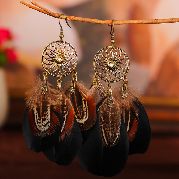 Vintage Boho Feather Drop Dangle Earrings Hollow Out Sunflower Long Tassel Earrings For Women Girls 1Pair