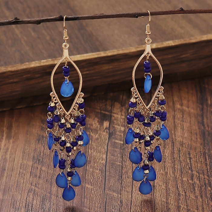 Hollow Leaf Shape Colorful Droplet Glass Tassel Dangle Earrings Bohemian Vocation Style Alloy Jewelry Trendy Holiday Earrings