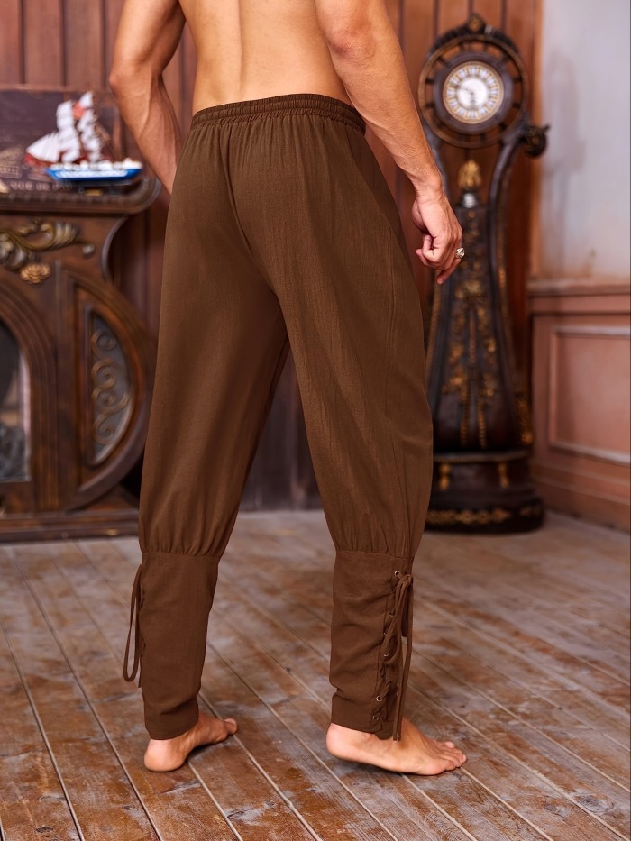 Renaissance Attire| Men's Brown Medieval Ankle Pants - Viking Pirate Renaissance Costume, Lace-Up Tapered Banded Navigator Casual Trousers, Cotton Blend with Elastic Waistband & Cuffs, Non-See-Through, Woven Fabric