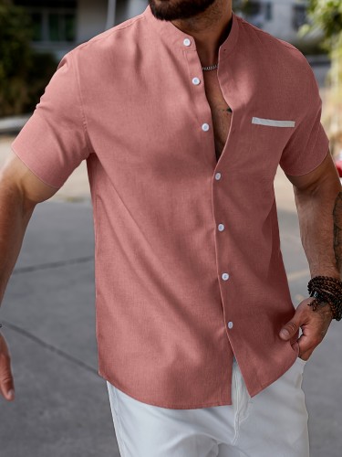 Men's Casual Beige Short Sleeve Shirt - Lightweight Polyester, Button-Up with Stand Collar and Chest Pocket, Machine Washable for Everyday & Outdoor Activities