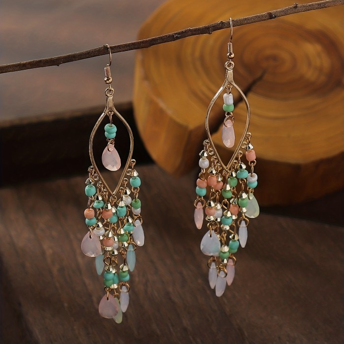 Hollow Leaf Shape Colorful Droplet Glass Tassel Dangle Earrings Bohemian Vocation Style Alloy Jewelry Trendy Holiday Earrings