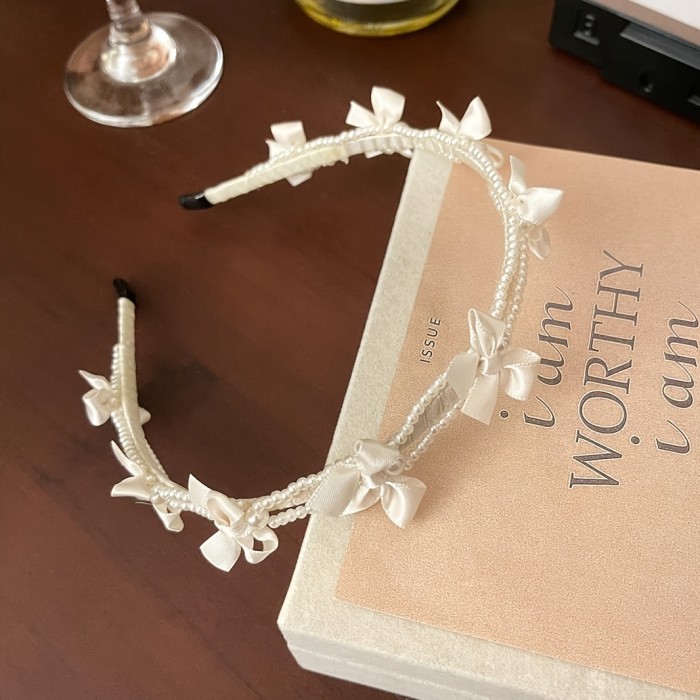 2 Spring\u002FSummer Gentle Pearl Flower Bow Hair Bands, Sweet French Headbands, Premium Beach Style