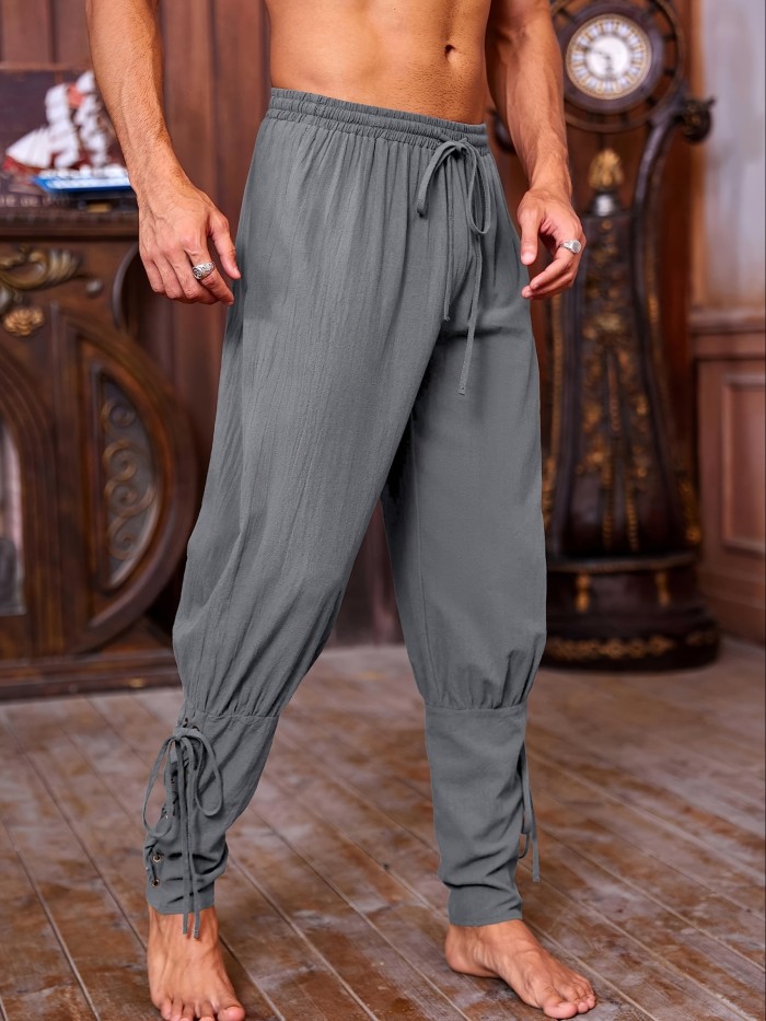 Renaissance Attire| Men's Brown Medieval Ankle Pants - Viking Pirate Renaissance Costume, Lace-Up Tapered Banded Navigator Casual Trousers, Cotton Blend with Elastic Waistband & Cuffs, Non-See-Through, Woven Fabric