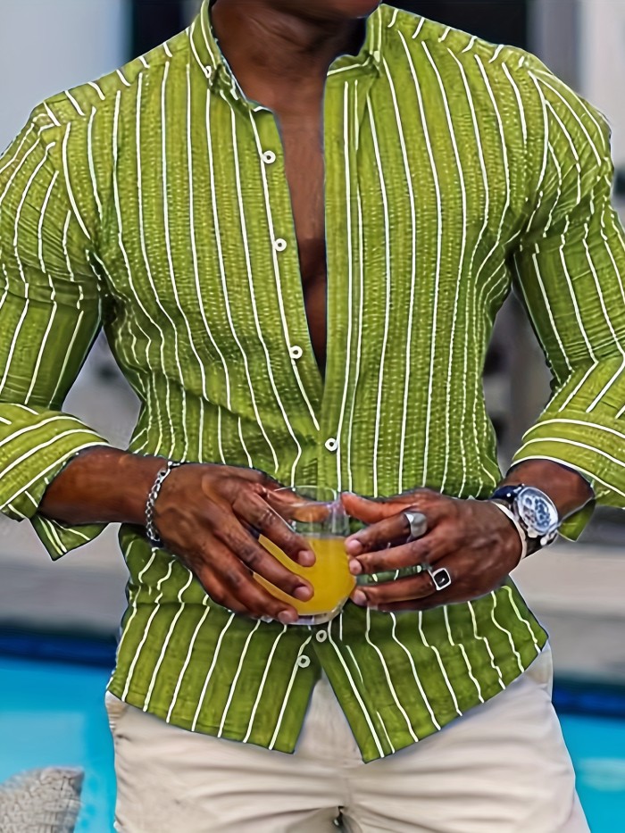 Casual Striped Men's Daily Thin Long Sleeve Button Up Shirt For Spring Summer Outdoor, Gift For Men