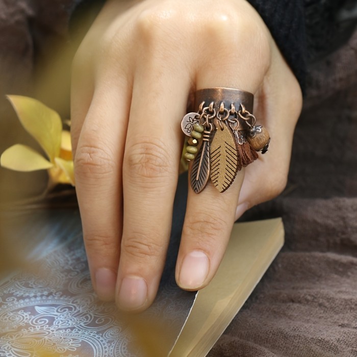 Vintage Bohemian Zinc Alloy Ring with Floral Wooden Beads, Leaf Tassel Pendant in Antique Bronze Finish, Wide Face, Open Ring