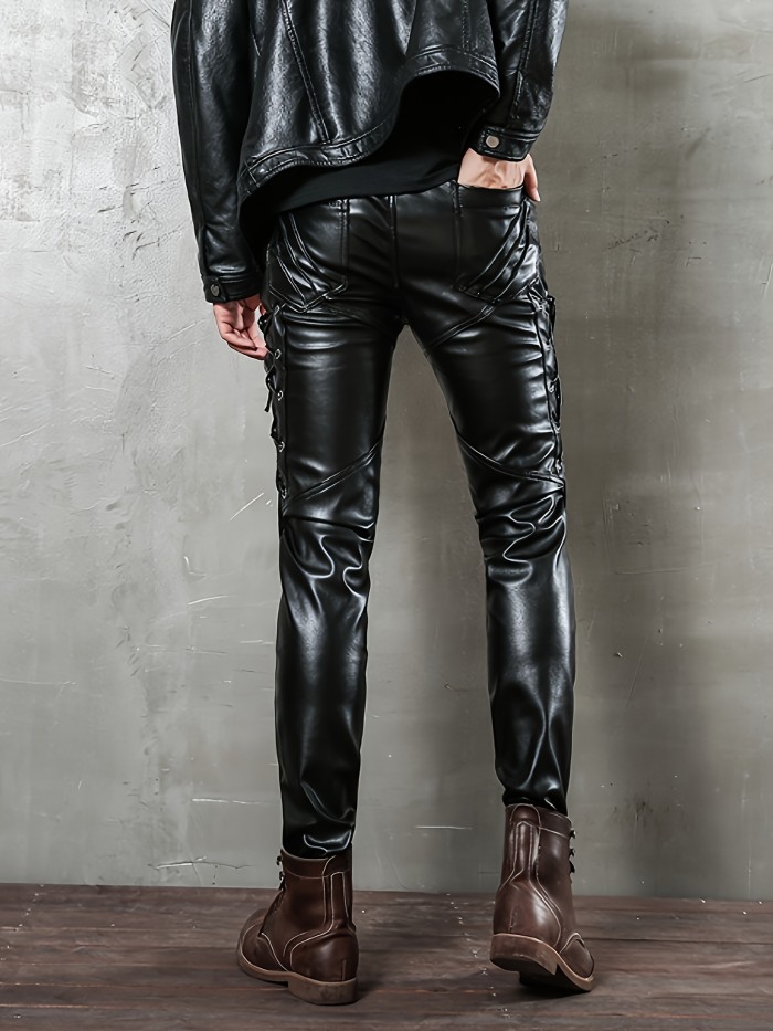 Men'S Street Style Faux Leather Pants, Fall\u002FWinter Skinny Fit, Solid Color, Faux Leather Detail, Lace-Up, Stretch Fabric, 50% Polyurethane 50% Polyester, Punk Motorcycle Style