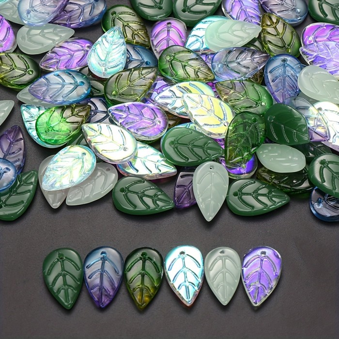 50pcs Vibrant Glass Leaf Beads with AB Coating - Mixed Green Shades for Jewelry Making, DIY Necklace and Earring Pendants Crafting, Perfect for Accessories and Fashion Designers