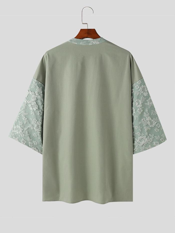 Men's Casual Jacquard Polyester Shirt - 100% Polyester, Stand Collar, Button Detail, Non-Stretch, Solid Color, 3\u002F4 Sleeve, Loose Fit, Woven Fabric, Spring\u002FSummer Wear, Mandarin Collar, for Weekend Casual