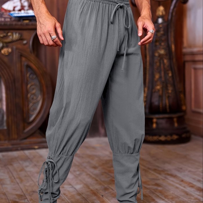 Renaissance Attire| Men's Brown Medieval Ankle Pants - Viking Pirate Renaissance Costume, Lace-Up Tapered Banded Navigator Casual Trousers, Cotton Blend with Elastic Waistband & Cuffs, Non-See-Through, Woven Fabric