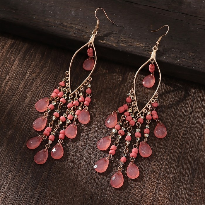 Hollow Leaf Shape Colorful Droplet Glass Tassel Dangle Earrings Bohemian Vocation Style Alloy Jewelry Trendy Holiday Earrings