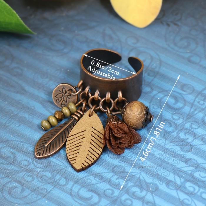 Vintage Bohemian Zinc Alloy Ring with Floral Wooden Beads, Leaf Tassel Pendant in Antique Bronze Finish, Wide Face, Open Ring