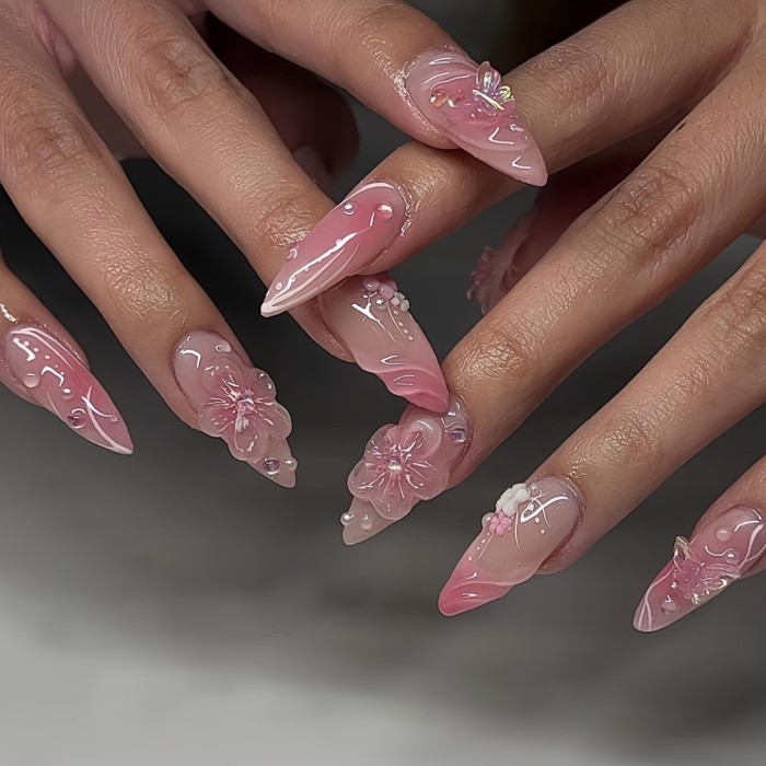 24-Piece Elegant French-Inspired Pink Almond Shaped Press-On Nails with Flower Pattern and Glossy Finish, Includes Jelly Glue & Nail File for Women's Everyday Wear