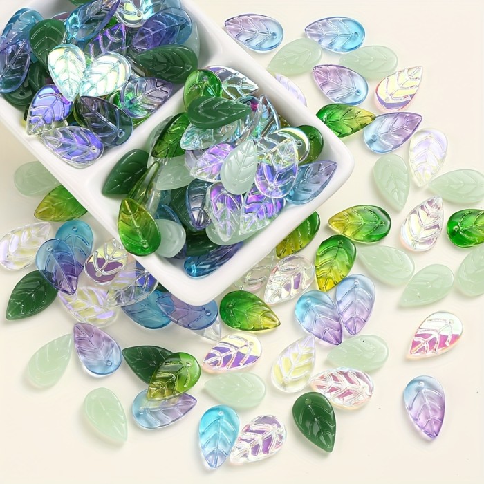 50pcs Vibrant Glass Leaf Beads with AB Coating - Mixed Green Shades for Jewelry Making, DIY Necklace and Earring Pendants Crafting, Perfect for Accessories and Fashion Designers