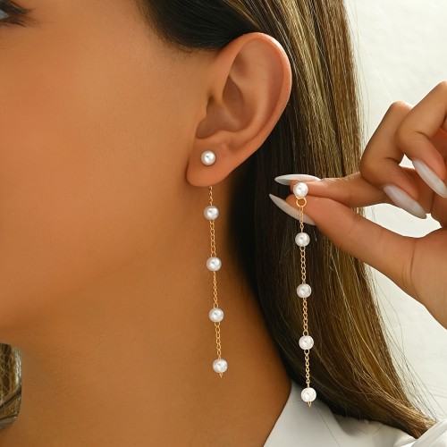1 Pair Faux Pearl Earrings For Women Faux Pearl Tassel Drop Earrings Elegant Long Dangle Earrings Wedding Pendant Earrings