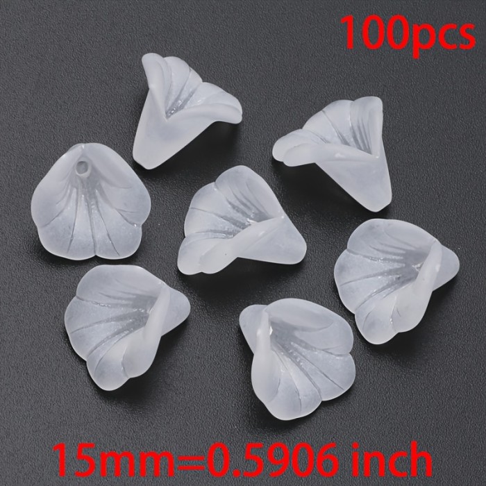 100pcs 15mm Frosted White Trumpet Flower Acrylic Beads, Glossy Finish - Ideal for DIY Jewelry & Crafts, Charms for Jewelry Making