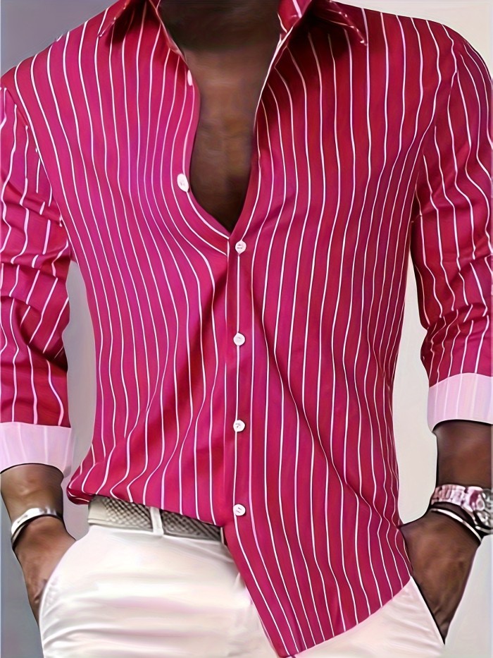 Casual Striped Men's Daily Thin Long Sleeve Button Up Shirt For Spring Summer Outdoor, Gift For Men