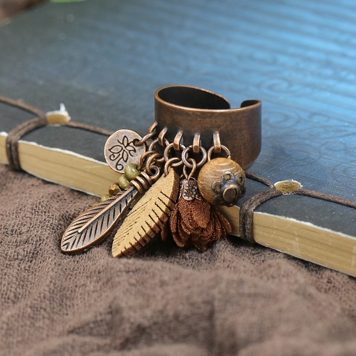 Vintage Bohemian Zinc Alloy Ring with Floral Wooden Beads, Leaf Tassel Pendant in Antique Bronze Finish, Wide Face, Open Ring