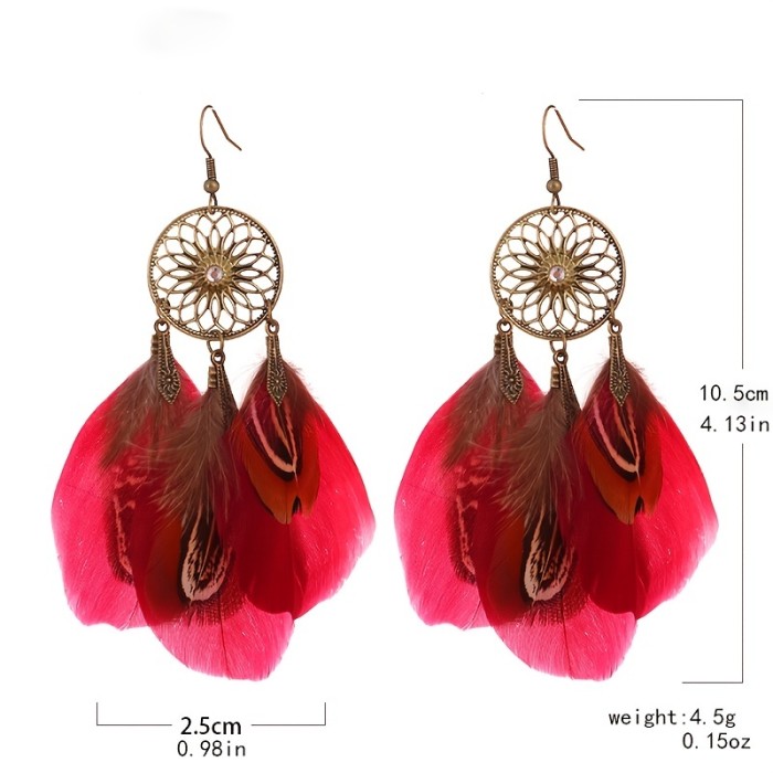 Vintage Boho Feather Drop Dangle Earrings Hollow Out Sunflower Long Tassel Earrings For Women Girls 1Pair