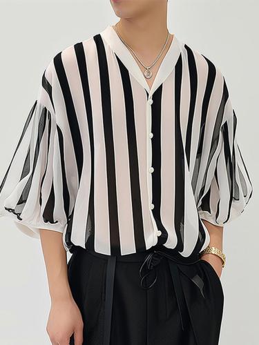 Men's Casual V-Neck Blouse - 100% Polyester Non-Stretch Chiffon Fabric - Striped Print Medium Sleeve Button-Down Shirt for Spring\u002FSummer - Regular Fit Casual Wear
