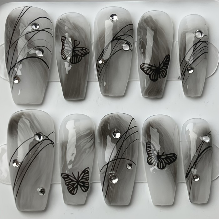 Handmade Medium Ballerina Press On Nails With Butterfly Desgn, Fake Nails,Full Cover False Nails For Women And Girls
