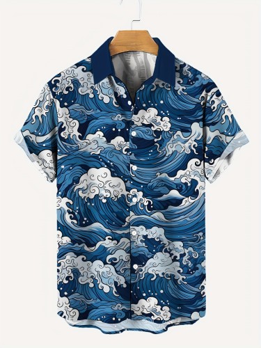 Summer Resort Vacation Short Sleeve Lapel Shirt - Vibrant Waves Pattern Allover Print, Machine Washable, Non-Stretch Polyester, Regular Fit, Casual Style - Perfect for Going Out, Summer Season