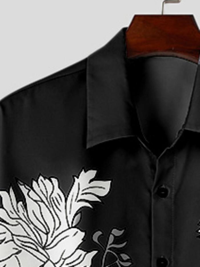 1pc Vintage-Inspired Floral Shirt 1pc Vintage-Inspired Floral Print Polyester Shirt for Men - Casual Lapel Collar, Long Sleeve, Asymmetric Hem, Single Breasted Turndown, Button Details, Non-Stretch Fabric, Woven, Regular Fit, Ideal for Weekend Casual Wear in Spring\u002FFall - Hippie Street Style Vacation Shirt