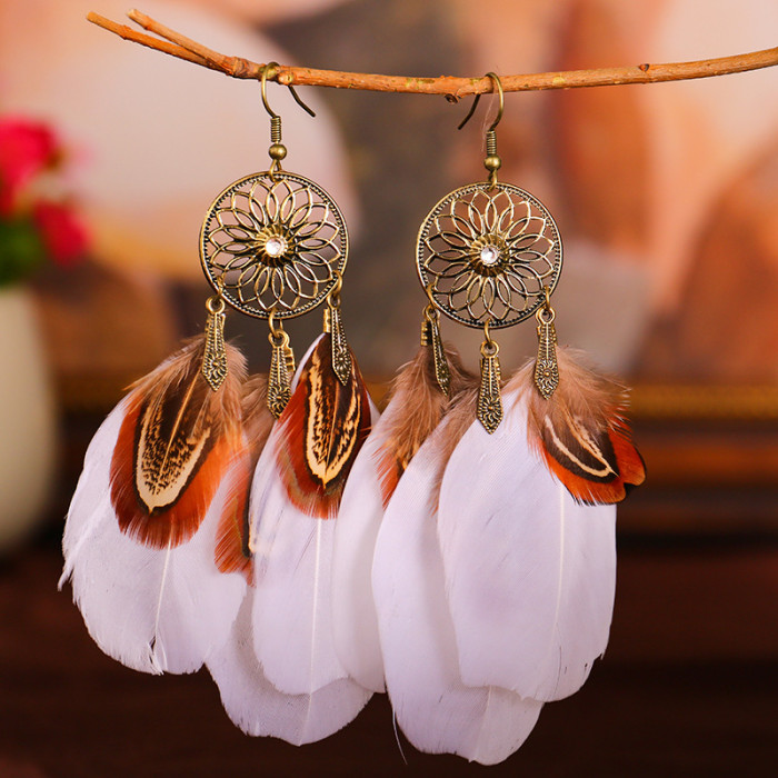 Vintage Boho Feather Drop Dangle Earrings Hollow Out Sunflower Long Tassel Earrings For Women Girls 1Pair