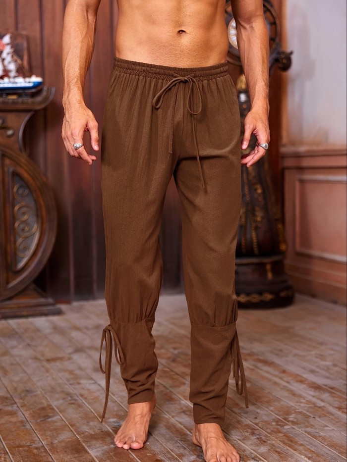 Renaissance Attire| Men's Brown Medieval Ankle Pants - Viking Pirate Renaissance Costume, Lace-Up Tapered Banded Navigator Casual Trousers, Cotton Blend with Elastic Waistband & Cuffs, Non-See-Through, Woven Fabric