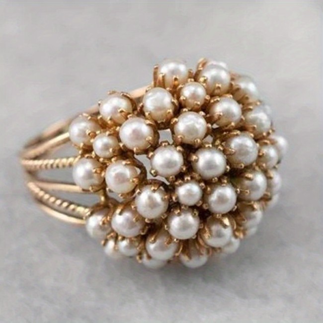 European and American Popular Bohemian Retro Exotic Tribal Style Party Jewelry Gift Elegant Imitation Pearl Decorative Flower Ball Ring Engagement Ring Unique Personality Design Comfortable to Wear and Durable