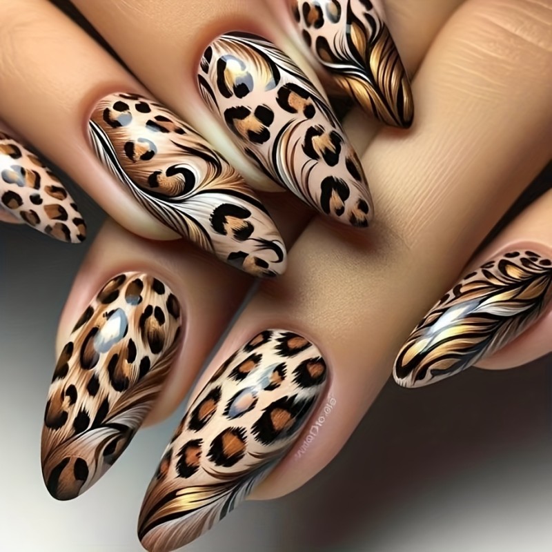 Monina 24pcs Long Almond-Shaped Press-On Nails Set, Leopard Print & Colorblock Design, Glossy Finish, Mixed Brown Tones, Fashionable Autumn\u002FWinter Fake Nail Kit