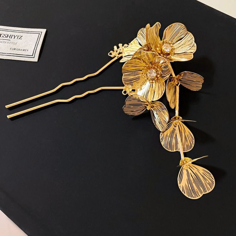 Flower Metal U Shape Hair Stick Antique Golden Silvery Hanfu Hairpin Tassel Hair Sticks for Buns Cheongsam Accessories