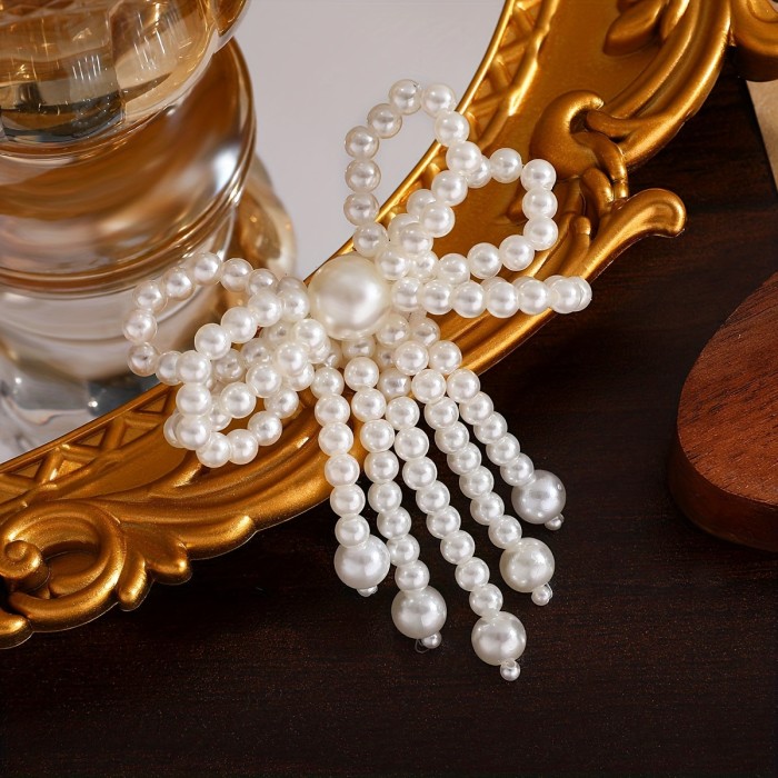 Elegant Faux Pearl Butterfly Knot Ring, Adjustable Open Band, 3D Beaded Tassel Bowknot Design, Women's Bridal Engagement Wedding Banquet Jewelry
