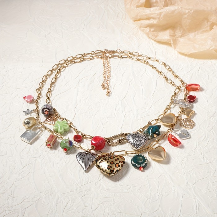 Boho-Chic Vintage Double Layer Alloy Necklace with Assorted Pendants - Perfect for Casual Attire & Gifting