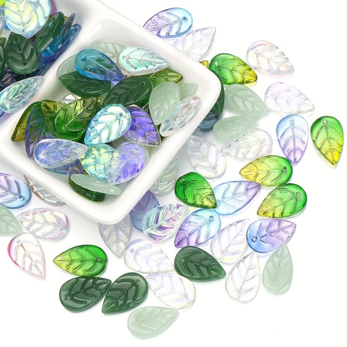 50pcs Vibrant Glass Leaf Beads with AB Coating - Mixed Green Shades for Jewelry Making, DIY Necklace and Earring Pendants Crafting, Perfect for Accessories and Fashion Designers