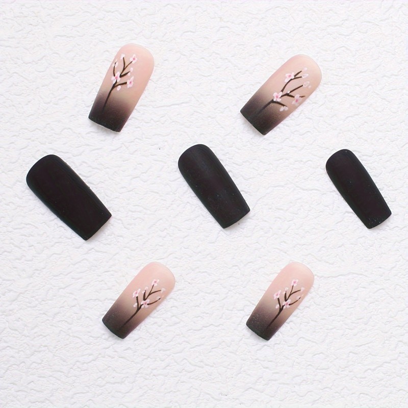 24 Pcs Press-On Oval Nails - Middle Length Black and Pink Gradient with Cherry Blossom Design, Matte Finish, Includes Jelly Glue & Nail File