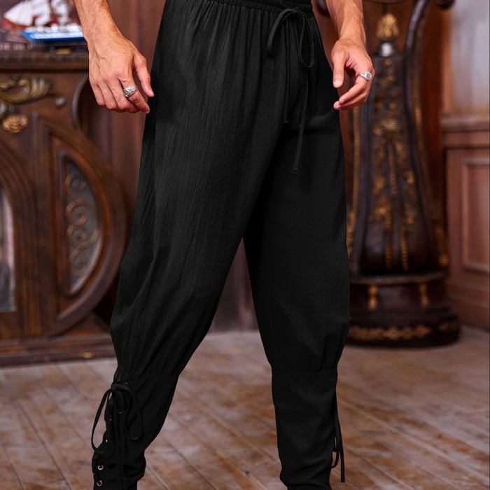 Renaissance Attire| Men's Brown Medieval Ankle Pants - Viking Pirate Renaissance Costume, Lace-Up Tapered Banded Navigator Casual Trousers, Cotton Blend with Elastic Waistband & Cuffs, Non-See-Through, Woven Fabric