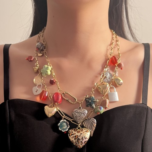 Boho-Chic Vintage Double Layer Alloy Necklace with Assorted Pendants - Perfect for Casual Attire & Gifting