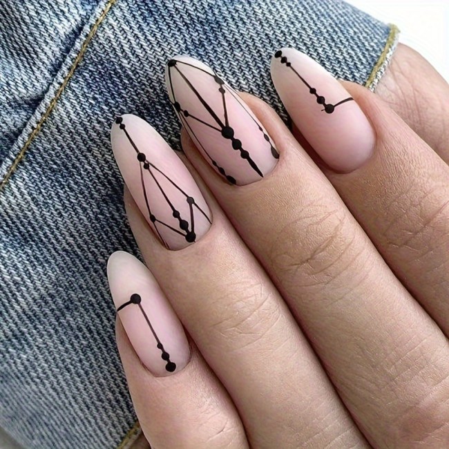 Press-On Nails Set, Matte Geometric Line Design, Nude Color, Almond Shape, Short Length, Striped & Geometric Pattern, Nail Art for Beauty & Personal Care