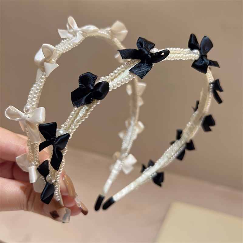 2 Spring\u002FSummer Gentle Pearl Flower Bow Hair Bands, Sweet French Headbands, Premium Beach Style