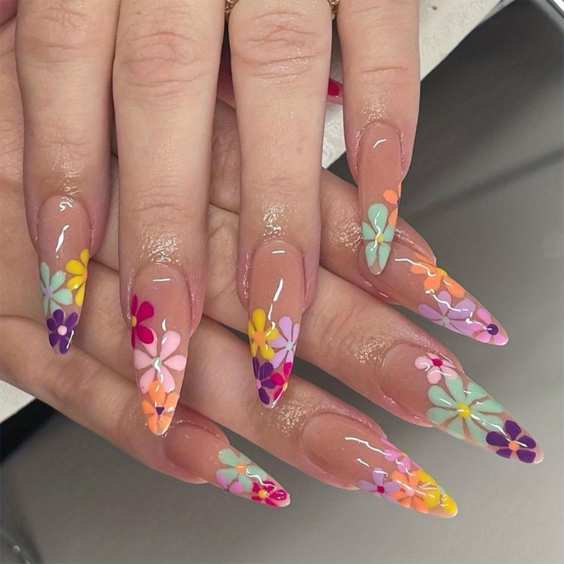 24pcs Colorful Flower Press On Nails - Long Stiletto Fake Nails with Creative Design, Glossy Pink Glue On Nails, Full Cover Cute False Nails with Glue Sticker and Nails File for Women and Girls for Easter
