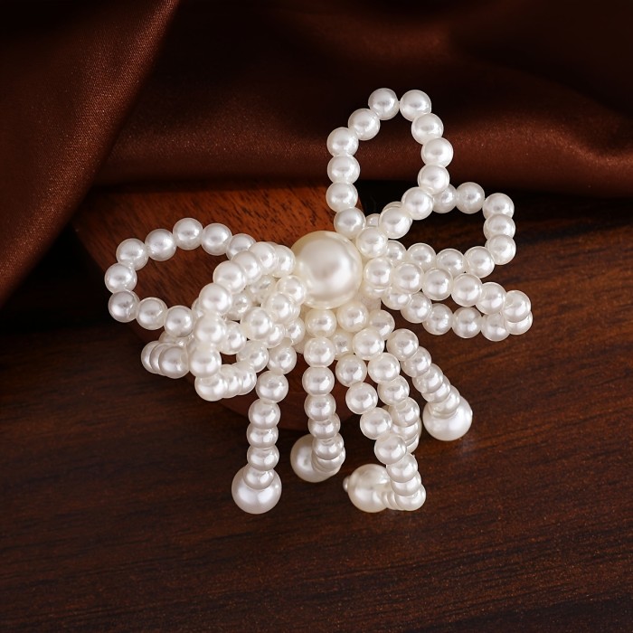 Elegant Faux Pearl Butterfly Knot Ring, Adjustable Open Band, 3D Beaded Tassel Bowknot Design, Women's Bridal Engagement Wedding Banquet Jewelry