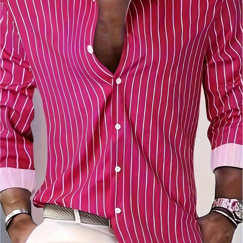Casual Striped Men's Daily Thin Long Sleeve Button Up Shirt For Spring Summer Outdoor, Gift For Men
