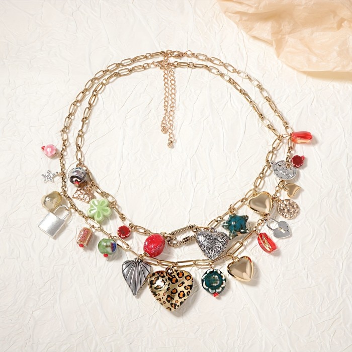 Boho-Chic Vintage Double Layer Alloy Necklace with Assorted Pendants - Perfect for Casual Attire & Gifting