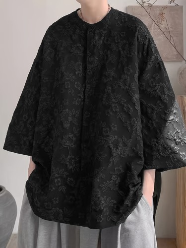 Men's Casual Jacquard Polyester Shirt - 100% Polyester, Stand Collar, Button Detail, Non-Stretch, Solid Color, 3\u002F4 Sleeve, Loose Fit, Woven Fabric, Spring\u002FSummer Wear, Mandarin Collar, for Weekend Casual