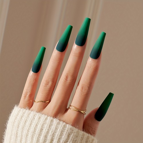 24pcs Long Matte Ballet Shaped Ombre Green Gradient Full Cover False Nails - Premium Press On Nails for Women and Girls with Coffin Shape Design and Pure Color Finish - Easy to Apply and Long-Lasting Wear