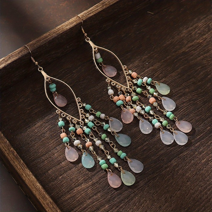Hollow Leaf Shape Colorful Droplet Glass Tassel Dangle Earrings Bohemian Vocation Style Alloy Jewelry Trendy Holiday Earrings