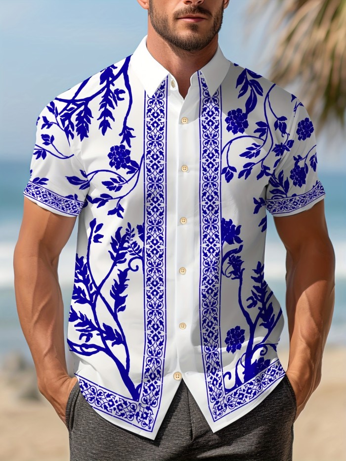 1pc Floral Print Short Sleeve Shirt 1pc Men'S Floral Print Short Sleeve Button-Down Shirt - Polyester Vacation Style Casual Party Beachwear, Regular Fit, Summer Gathering Essential