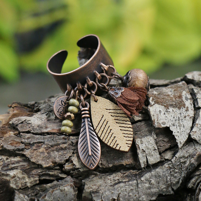 Vintage Bohemian Zinc Alloy Ring with Floral Wooden Beads, Leaf Tassel Pendant in Antique Bronze Finish, Wide Face, Open Ring
