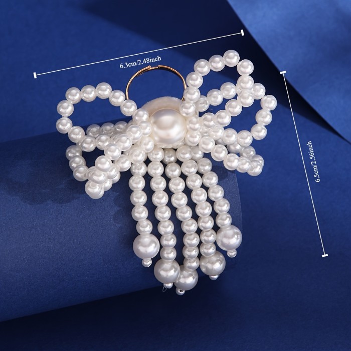 Elegant Faux Pearl Butterfly Knot Ring, Adjustable Open Band, 3D Beaded Tassel Bowknot Design, Women's Bridal Engagement Wedding Banquet Jewelry